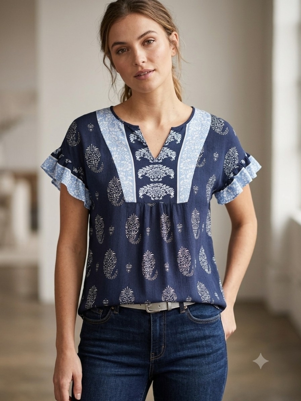 Como Vintage Navy and Light Blue Printed Flutter Sleeve Top.     (WS 9)